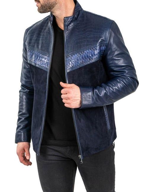 Maceoo Blue Pythonshield Snakeskin Embossed Leather Jacket for men