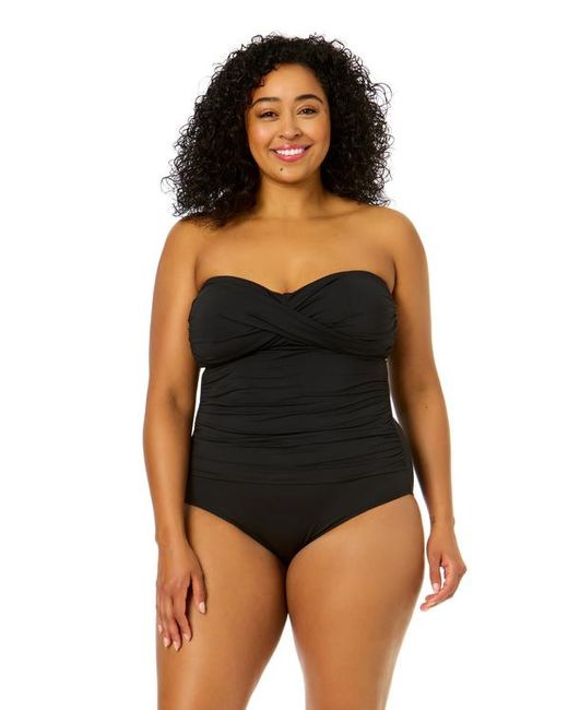Anne Cole Black Plus Palm Chic Twist Front Shirred One Piece Swimsuit