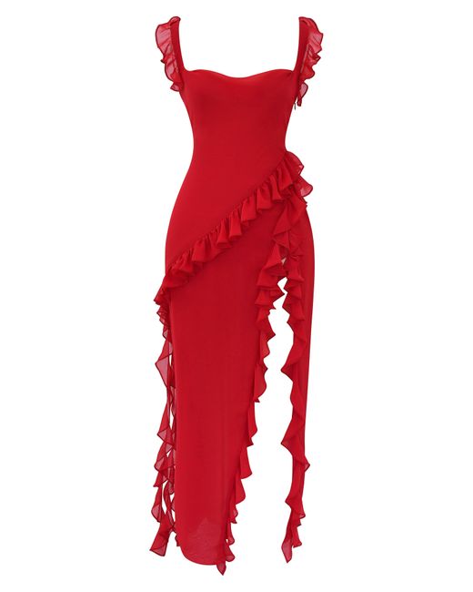 Red Asymmetric Strapless High Slit Dress With Ruffle Hem