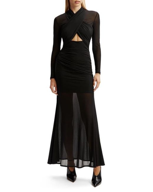 Bardot Black Veria Front Wrap Long Sleeve Mesh Gown