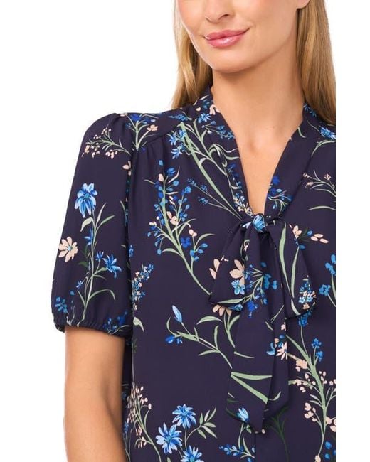 Cece Blue Floral Tie Neck Georgette Top