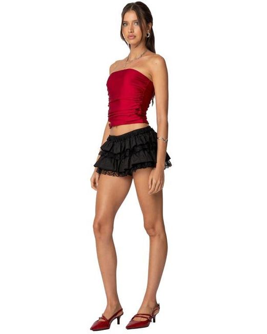 Edikted Red Maxeen Shiny Ruched Tube Top