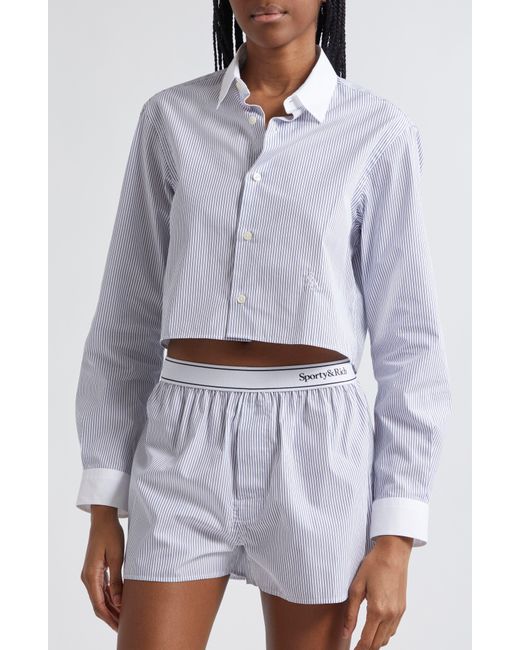 Sporty & Rich White Src Embroidered Stripe Cotton Crop Button-up Shirt