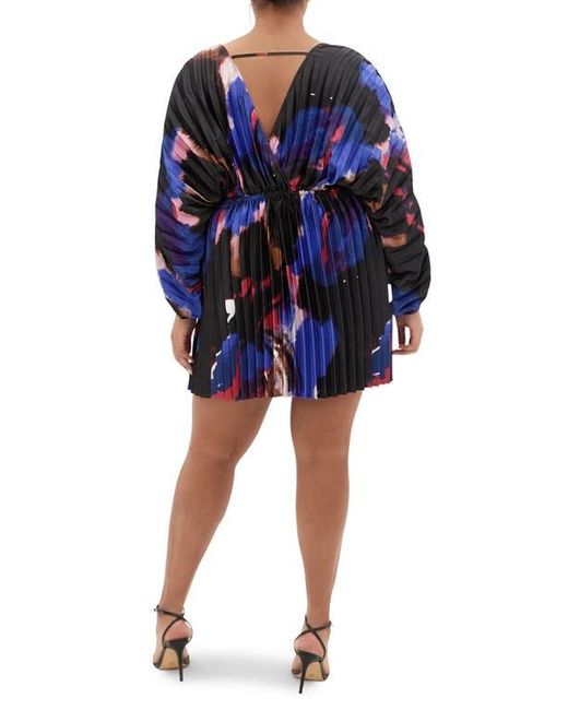 City Chic Blue Chloe Print Pleated Long Sleeve Satin Minidress