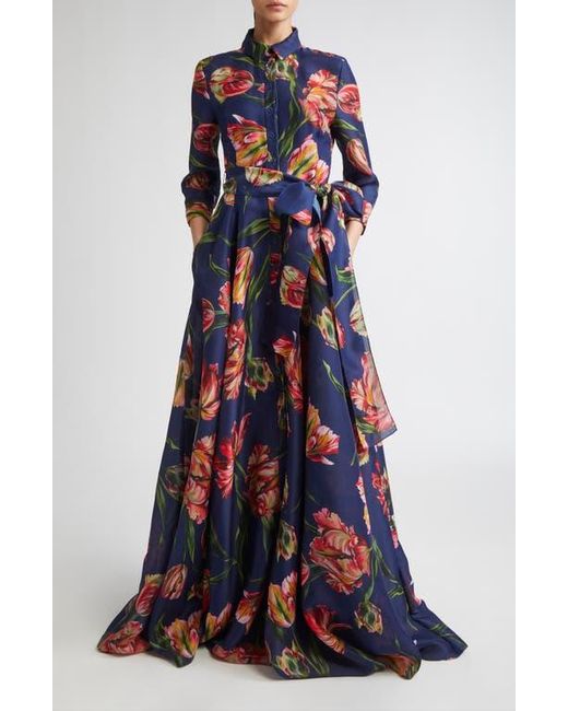 Carolina Herrera Blue Tulip Print Silk Gazar Trench Gown