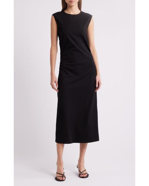 Charles Henry Black Ruched Sleeveless Stretch Cotton Midi Dress