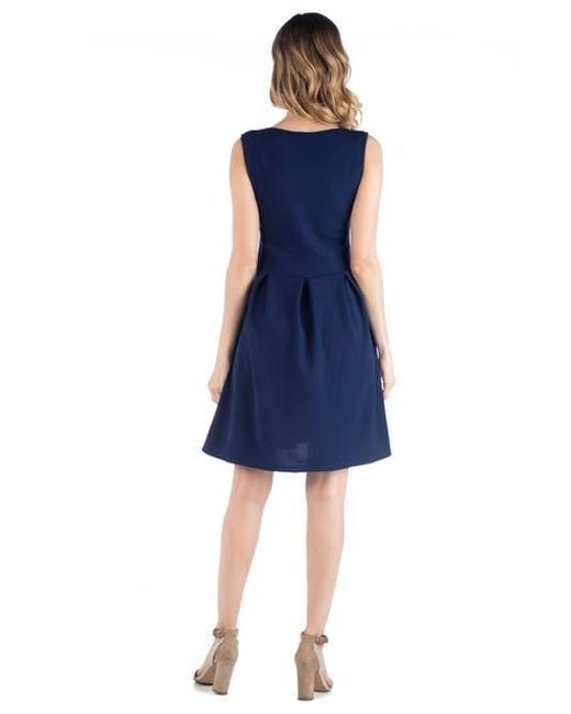 24seven Comfort Apparel Blue Maternity Sleeveless Pleated Dress With Pockets