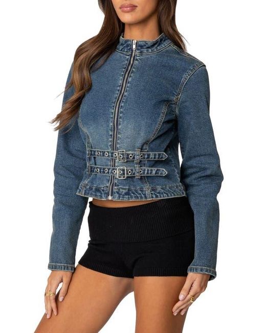 Edikted Blue Double Buckle Strap Denim Jacket