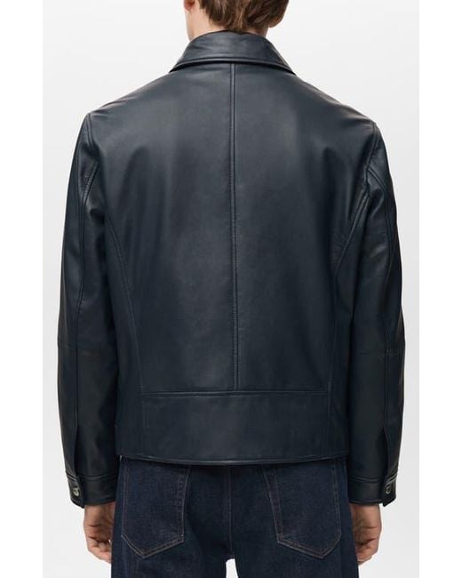 Mango Blue Leather Jacket With Pockets for men