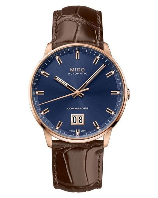 MIDO Blue Commander Big Date Automatic Croc Embossed Leather Strap Watch, 42Mm for men