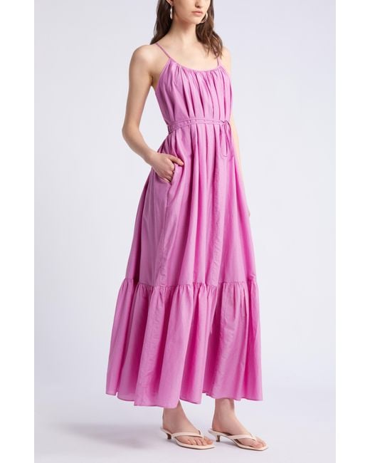 Nordstrom Pink Cotton & Silk Tie Waist Tiered Sundress