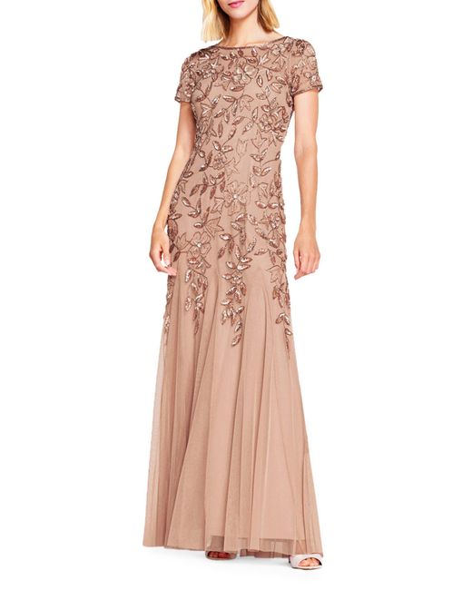 Adrianna Papell Floral Embroidered Beaded Trumpet Gown in Natural | Lyst