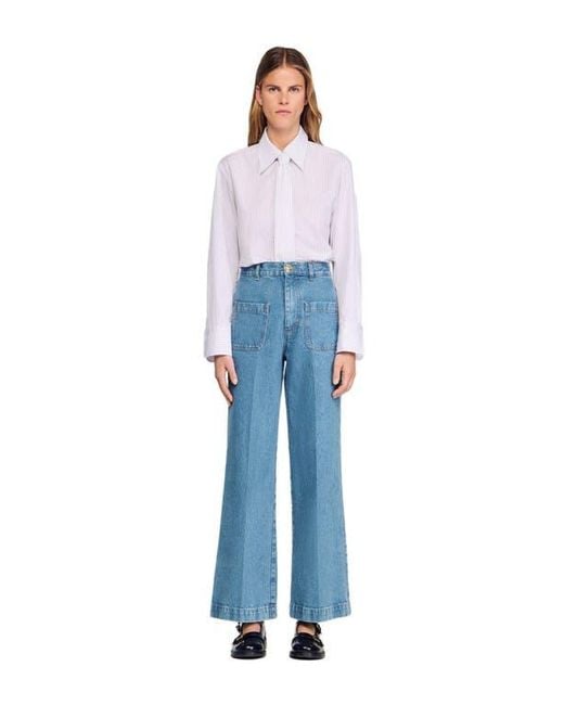 Sandro Blue Wide-Leg High-Rise Jeans