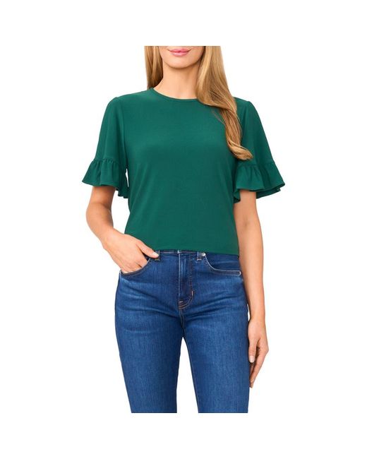 Cece Green Ruffle High-Low Crepe Knit Top