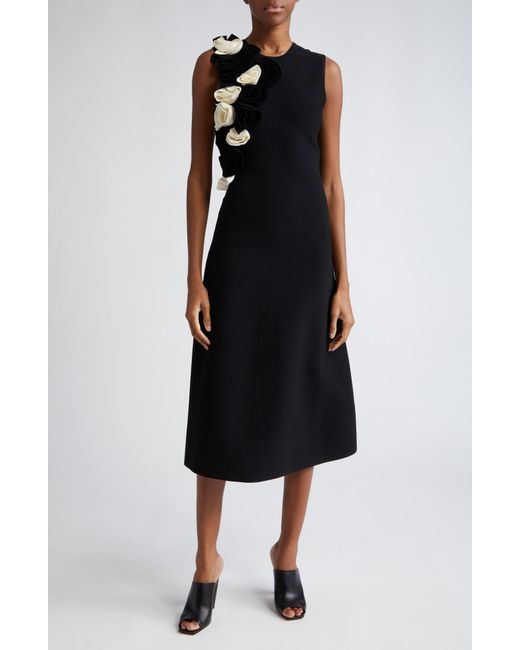 Lela Rose Black Floral Ruffle Sleeveless Knit Midi Dress