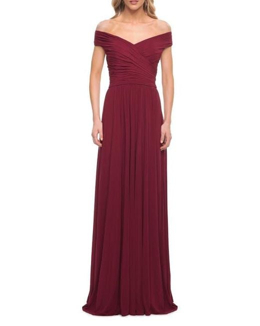 La Femme Red Off The Shoulder Net Jersey Long Dress With Ruching