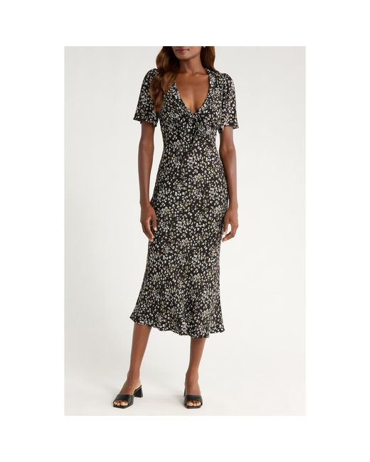 Reformation Black Tyra Floral Short Sleeve Midi Dress