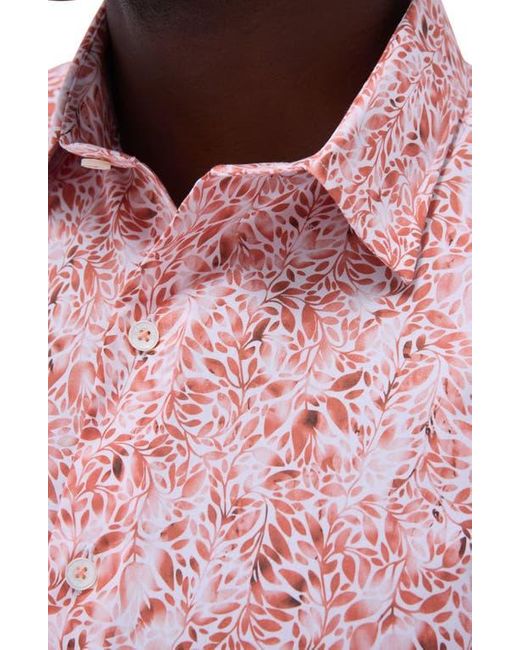 Bugatchi Red Orson Trim Fit Leaf Print Short Sleeve Stretch Cotton Button-Up Shirt for men