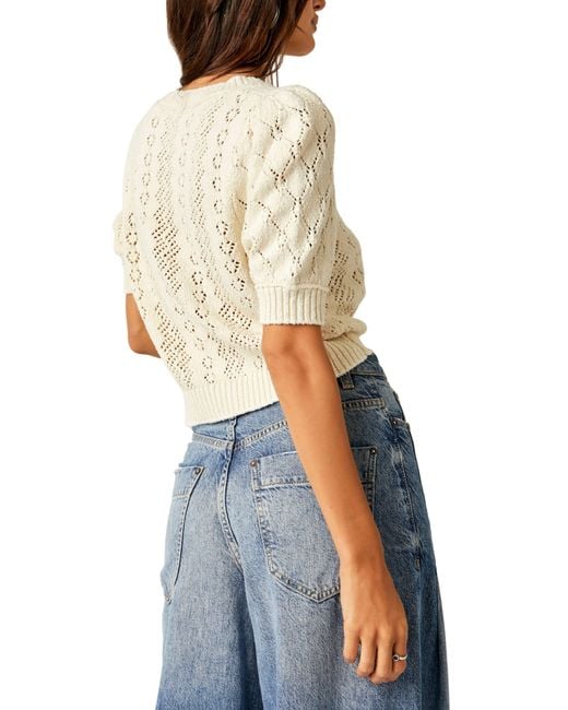Free People Eloise Open Stitch Puff Shoulder Sweater in White | Lyst