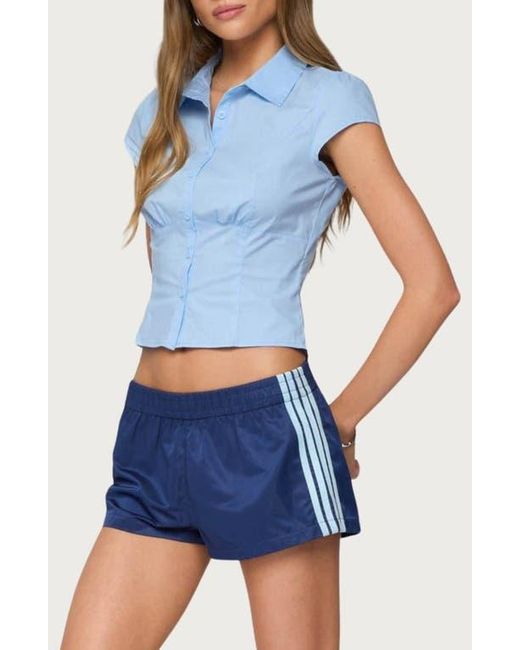 Edikted Blue Massie Cap Sleeve Crop Button-Up Shirt