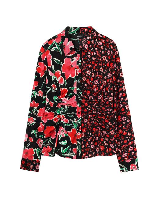 Desigual Red Miln Floral Ruched Button-up Shirt
