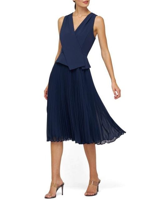 Kay Unger Blue Orella Pleated Mixed Media Cocktail Dress