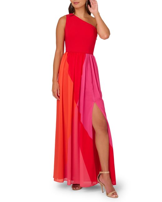 Adrianna Papell Red Colorblock One-shoulder Chiffon Gown
