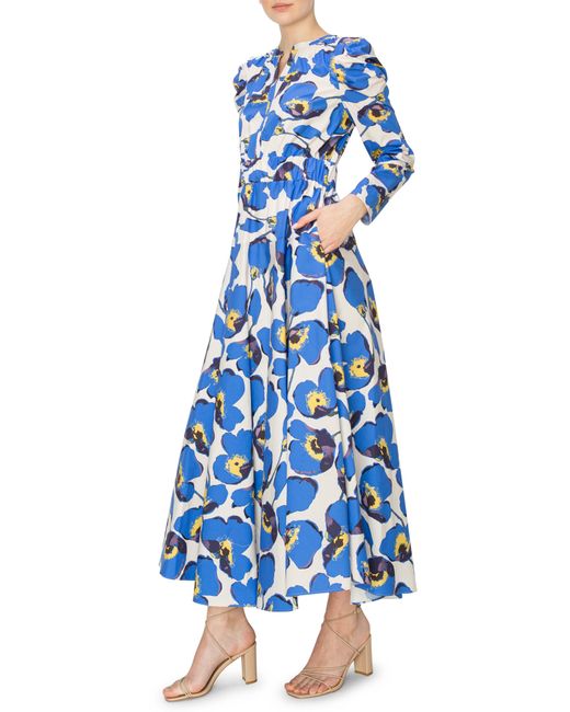 MELLODAY Blue Floral Print Belted Long Sleeve A-line Dress