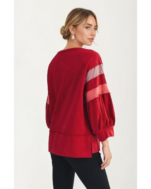 Knit & Lounge Red Relaxed Crewneck Statement Sleeve Stripe Top
