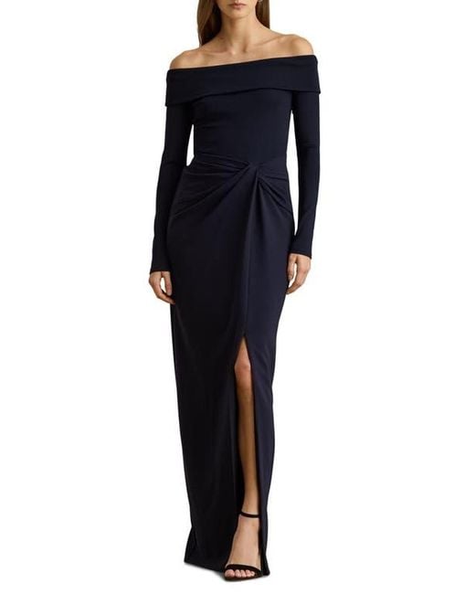 Ralph Lauren Blue Off The Shoulder Long Sleeve Rib & Crepe Gown