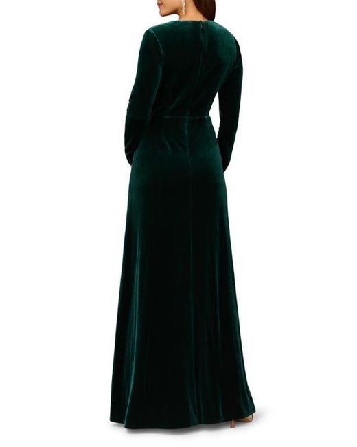 Aidan Mattox by Adrianna Papell Black Twisted Ruffle Long Sleeve Stretch Velvet Gown