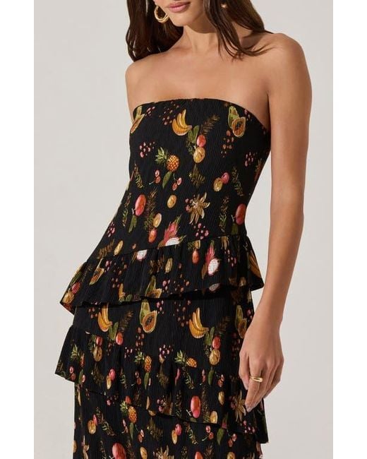 Astr Black Plissé Asymmetric Tiered Ruffle Strapless Midi Dress