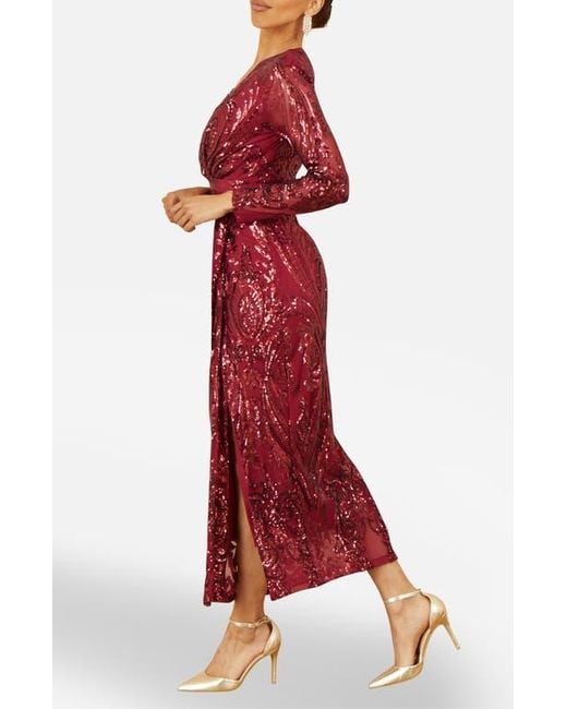 Yumi' Red Sequin Midi Long Sleeve Wrap Dress
