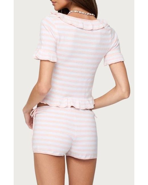 Edikted White Janelle Stripe Ruffle Crop Tie Front Top