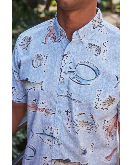 Reyn Spooner Blue Pacific Catch Short Sleeve Cotton Blend Button-Down Shirt for men