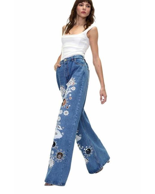 Cynthia Rowley Blue Embroidered Wide-Leg Jean