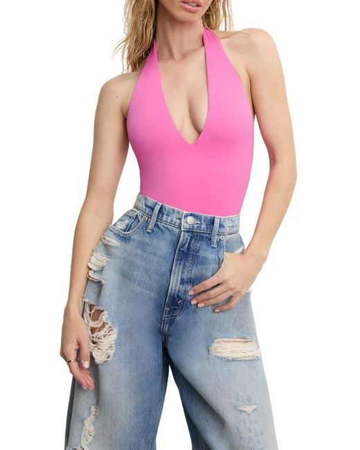 GOOD AMERICAN Pink Plunge Neck Scuba Knit Halter Bodysuit