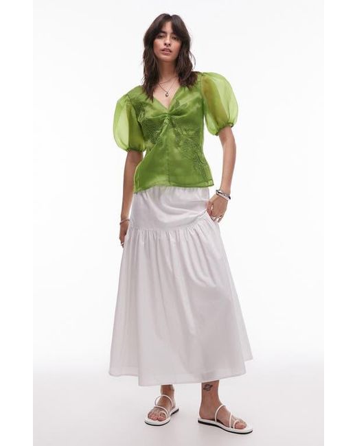 TOPSHOP Green Embroidered Puff Sleeve Top