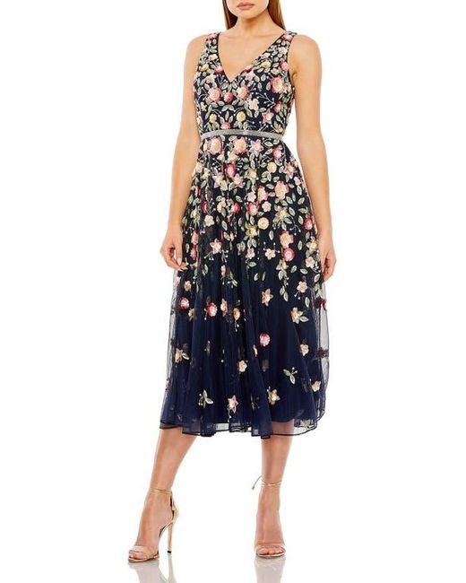 Mac Duggal Blue V-Neck Sleeveless Midi Floral Beaded A-Line Dress