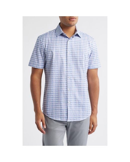 Bugatchi Men's Blue Miles Ooohcotton Abstract Print Short Sleeve Button-Up  Shirt