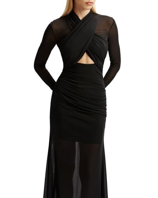 Bardot Black Veria Front Wrap Long Sleeve Mesh Gown