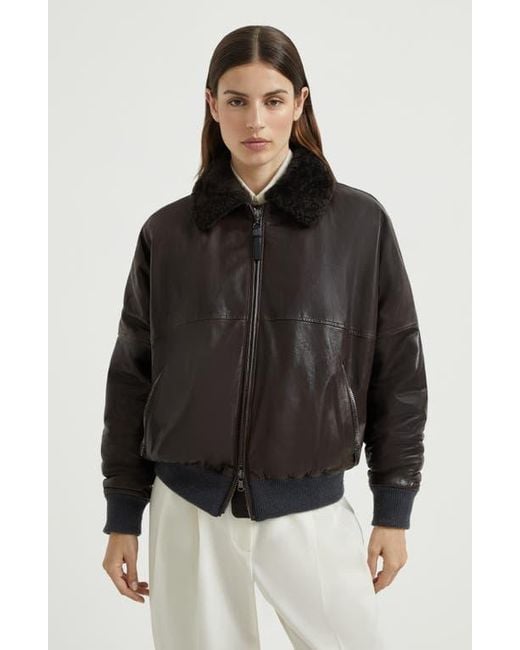 Brunello Cucinelli Black Nappa Leather Bomber Jacket