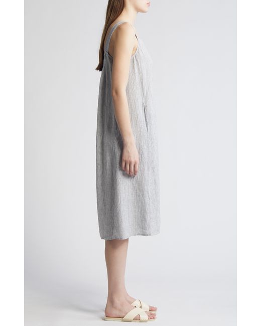 Eileen Fisher Gray Square Neck Organic Linen Midi Shift Dress