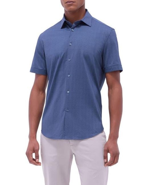 Bugatchi Men's Blue Myron Ooohcotton Short Sleeve Herringbone