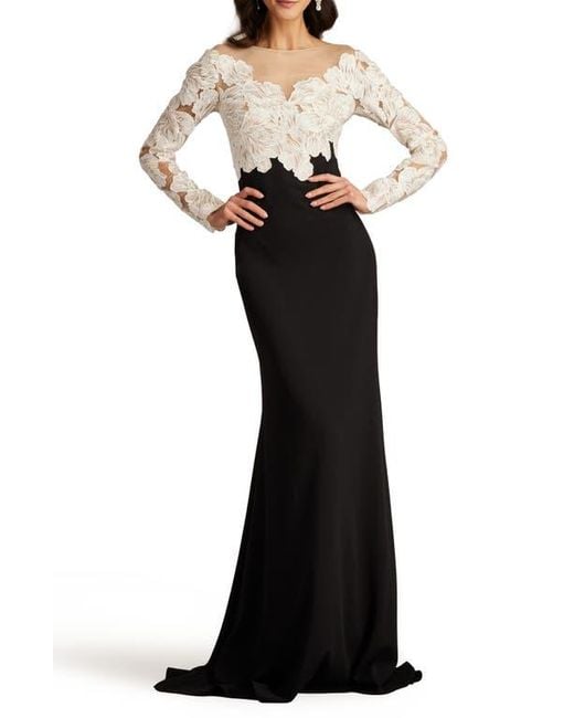 Tadashi Shoji Floral Lace Bodice Mixed Media Long Sleeve Gown in