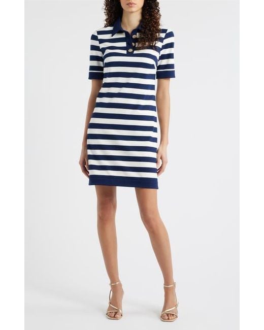 stripe fit & flare dress eliza j Eliza J Blue Stripe Halter Flare Dress