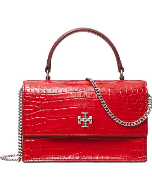Tory Burch Red Mini Kira Croc Embossed Leather Top Handle Bag