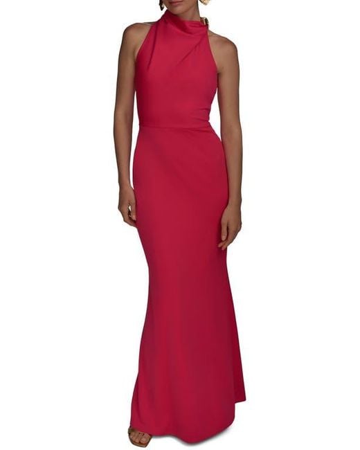 Donna Karan Red Funnel Neck Mermaid Gown