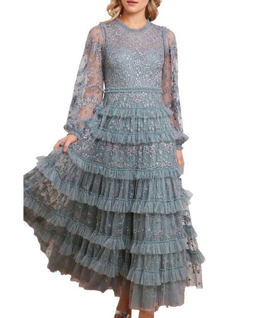 Needle & Thread Gray Blossom Long Sleeve Lace Ankle Gown