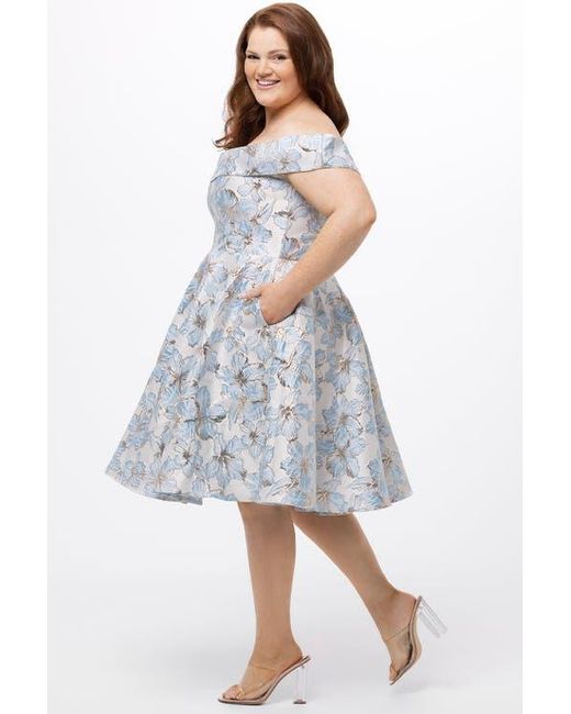 Celebrations by Sydneys Closet Blue Off-The-Shoulder Brocaade Plus Size Party Dress